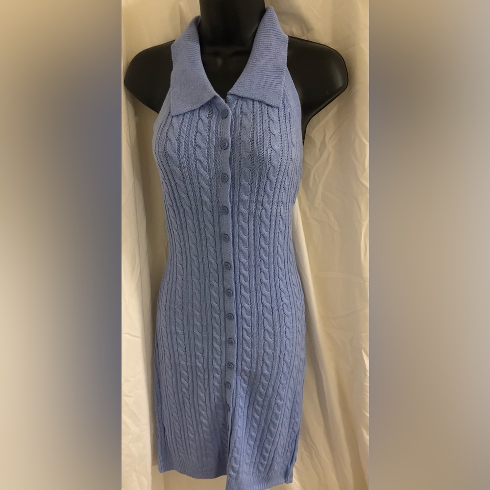 Blue periwinkle button‎ front open back sweater knit halter dress size XS new